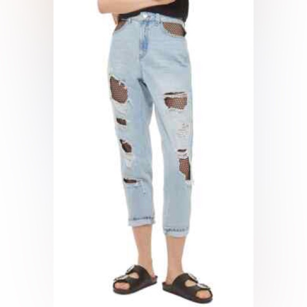 Topshop Light Blue ripped fishnet Distressed Cropped Jeans